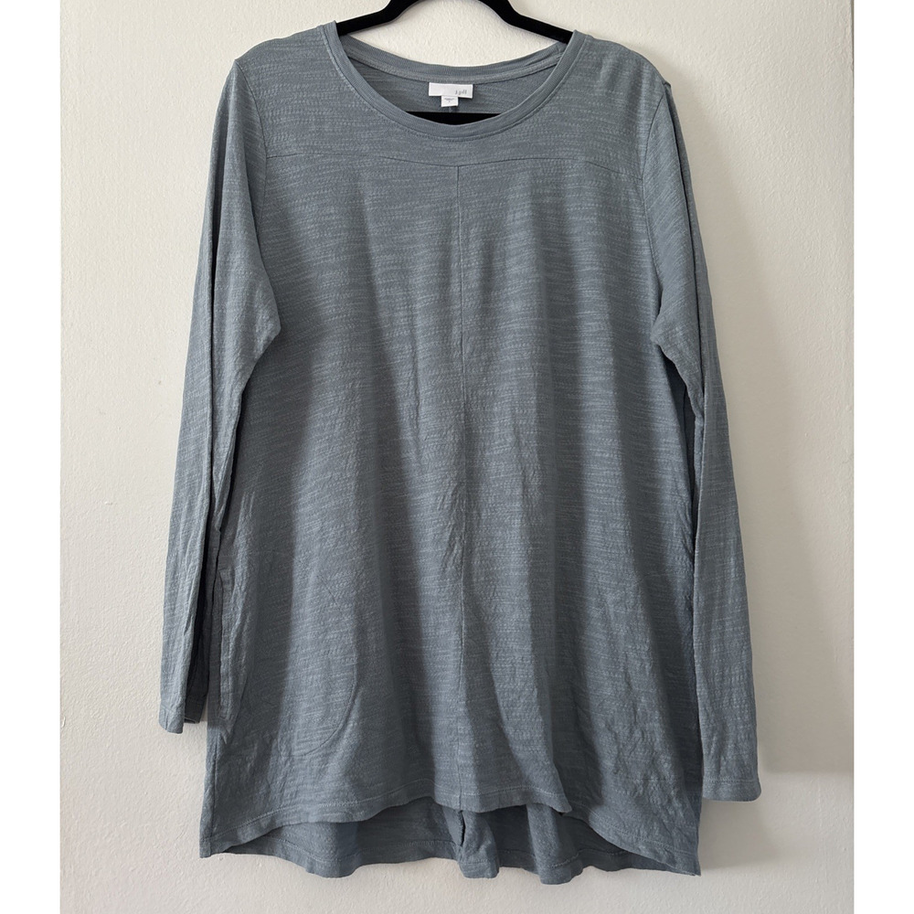 J Jill Cotton Long Sleeve Large Oversized Pullover Top Blouse Pockets Gray Blue